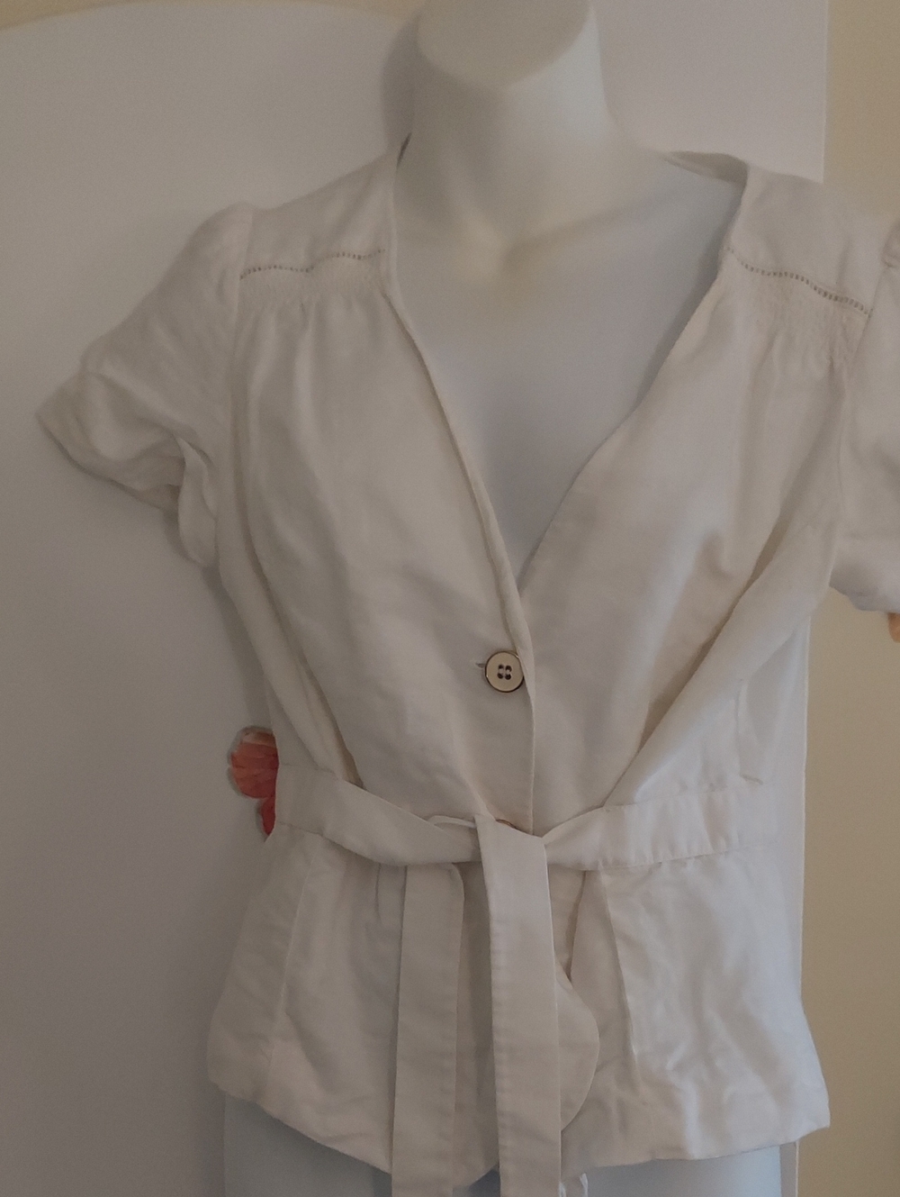 LOFT Cream Short Sleeve Button Front Tie-Waist Linen Blouse